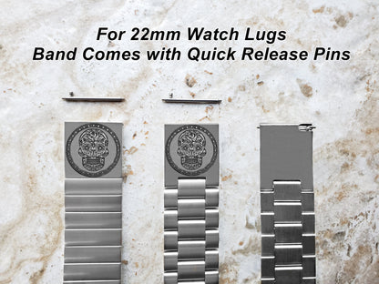 Engraved Watch Band for 22mm 24mm 25mm Lugs Traditional Casual Luxury and Smartwatches Silver Color Stainless Steel Bracelet Strap SS2