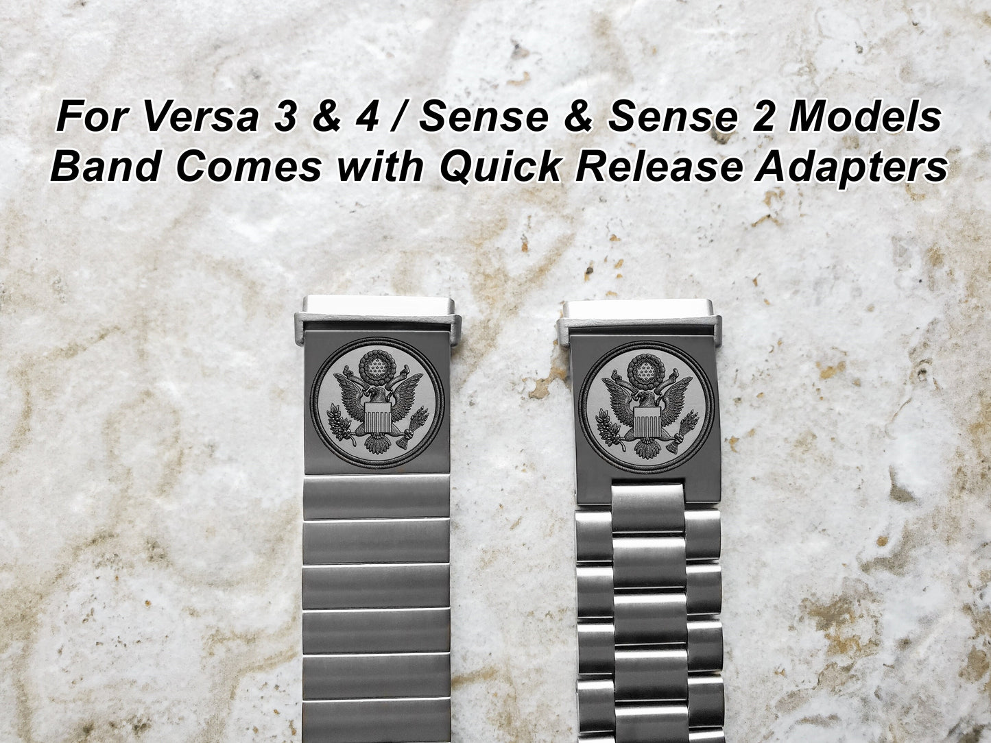Engraved Watch Band Compatible with Fitbit Versa Lite 2 3 4 and Sense 2 Smartwatches Silver Color Stainless Steel Bracelet Strap AS1