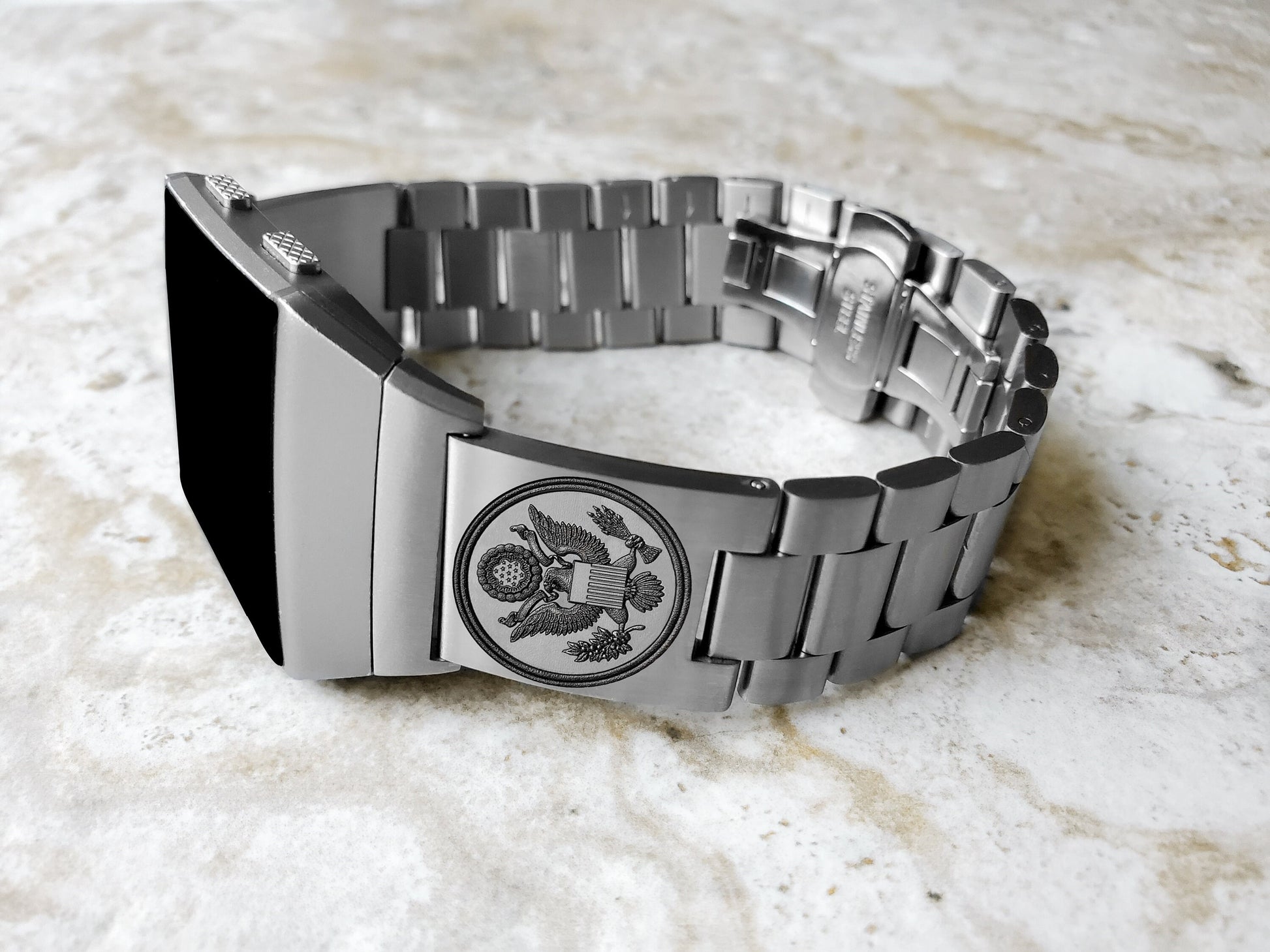 Engraved Watch Band Compatible with Fitbit Ionic Smartwatches Silver Color Stainless Steel Strap Bracelet with Quick Release Adapters AS1