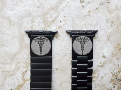 Engraved Watch Band for Apple iWatch Ultra 2 9 8 7 SE 6 5 4 3 2 1 Case 38mm 40mm 41mm 42mm 44mm 45mm 49mm Black Stainless Steel Strap MS1