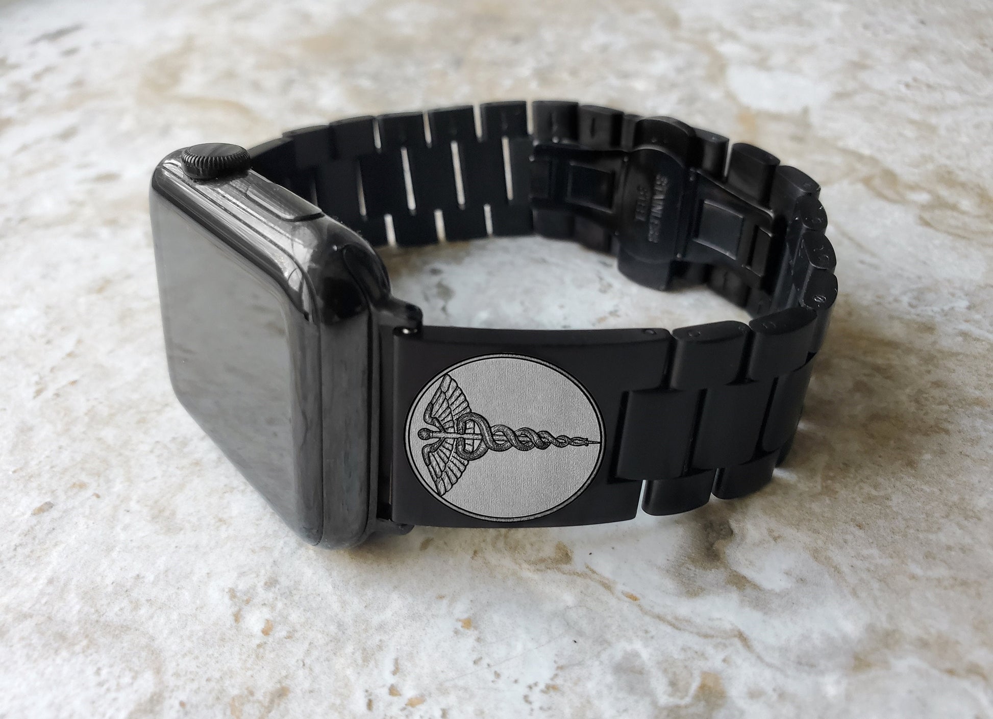 Engraved Watch Band for Apple iWatch Ultra 2 9 8 7 SE 6 5 4 3 2 1 Case 38mm 40mm 41mm 42mm 44mm 45mm 49mm Black Stainless Steel Strap MS1