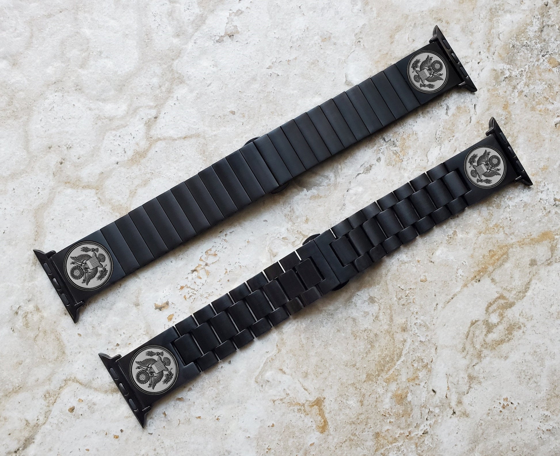 Engraved Watch Band Compatible with Apple iWatch Ultra 2 49mm and 9 8 Series 41mm 45mm Case Black Stainless Steel Tooled Strap Bracelet AS1