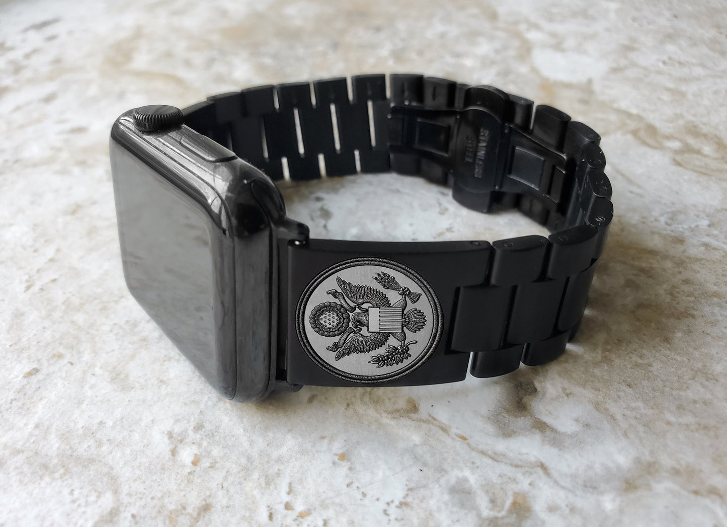 Engraved Watch Band Compatible with Apple iWatch Ultra 2 49mm and 9 8 Series 41mm 45mm Case Black Stainless Steel Tooled Strap Bracelet AS1