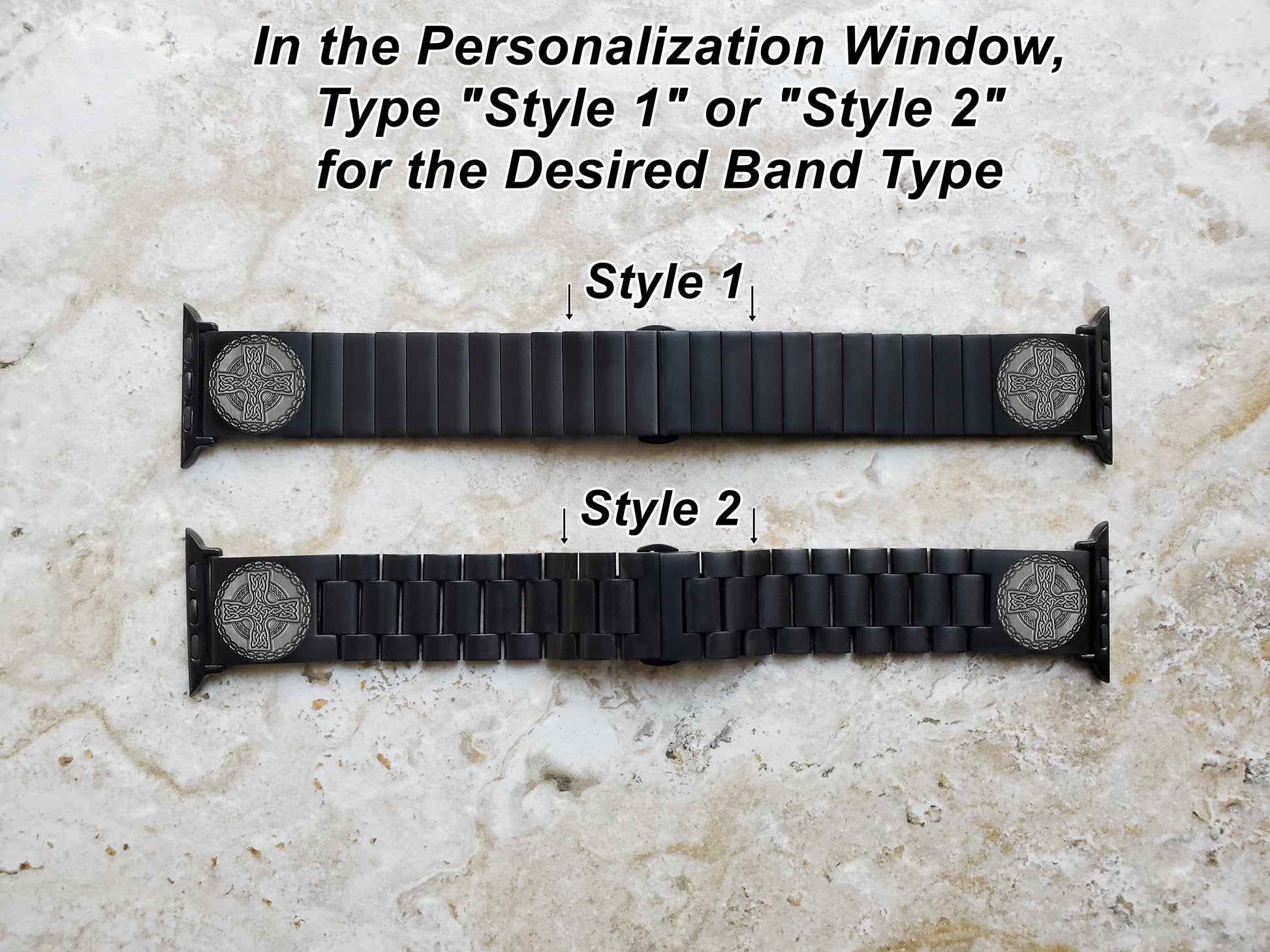 Engraved Watch Band Compatible with Apple iWatch Ultra 2 49mm and 9 8 Series 41mm 45mm Case Black Stainless Steel Tooled Bracelet Strap CC2