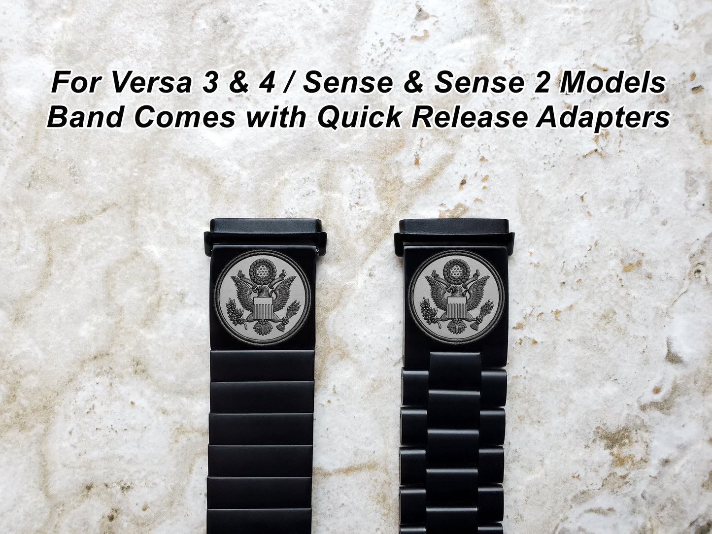 Engraved Watch Band Compatible with Fitbit Versa Lite 2 3 4 and Sense 2 Smartwatches Black Color Stainless Steel Bracelet Strap AS1