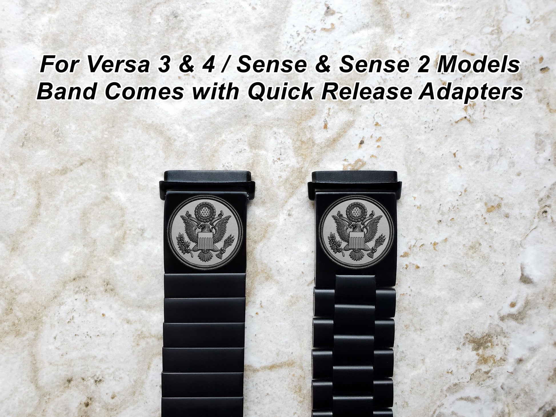 Engraved Watch Band Compatible with Fitbit Versa Lite 2 3 4 and Sense 2 Smartwatches Black Color Stainless Steel Bracelet Strap AS1