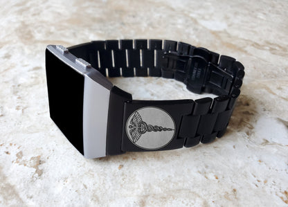 Engraved Watch Band Compatible with Fitbit Ionic Smartwatches Black Color Stainless Steel Strap Bracelet with Quick Release Adapters MS1