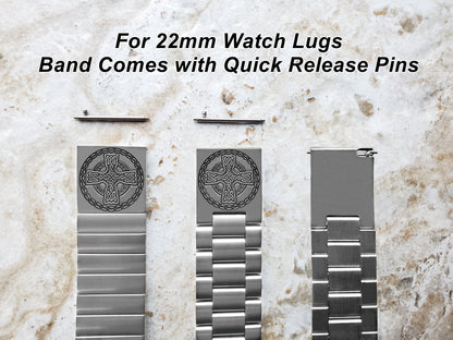 Engraved Watch Band for 22mm 24mm 25mm Lugs Traditional Casual Luxury and Smartwatches Silver Color Stainless Steel Strap Bracelet CC2