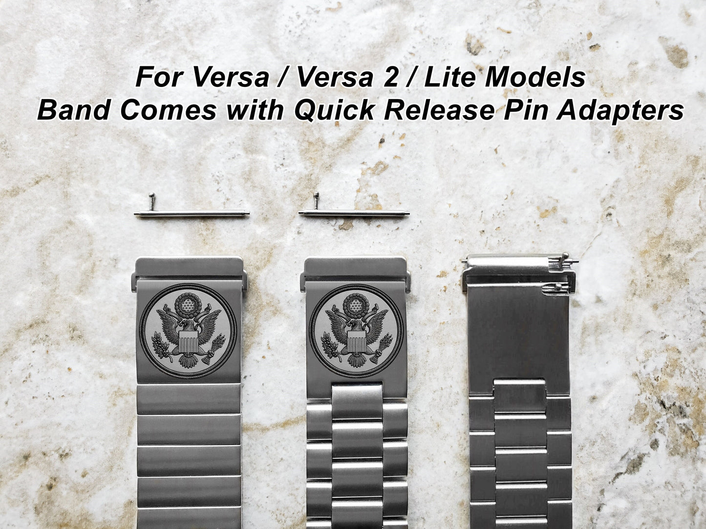 Engraved Watch Band Compatible with Fitbit Versa Lite 2 3 4 and Sense 2 Smartwatches Silver Color Stainless Steel Bracelet Strap AS1