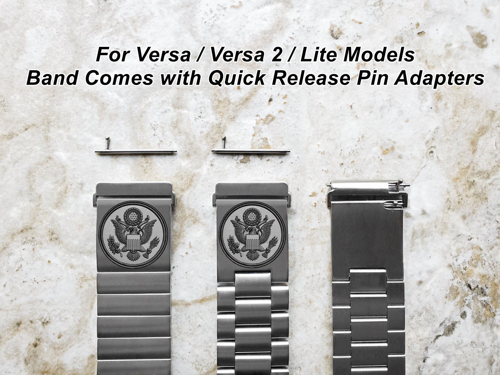Engraved Watch Band Compatible with Fitbit Versa Lite 2 3 4 and Sense 2 Smartwatches Silver Color Stainless Steel Bracelet Strap AS1