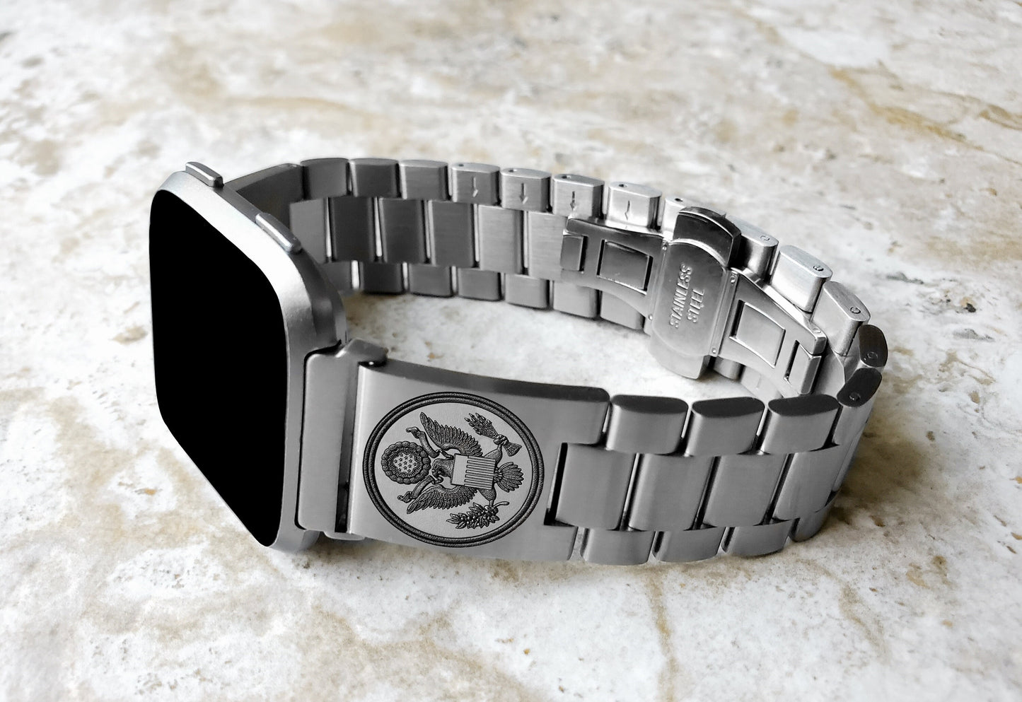 Engraved Watch Band Compatible with Fitbit Versa Lite 2 3 4 and Sense 2 Smartwatches Silver Color Stainless Steel Bracelet Strap AS1