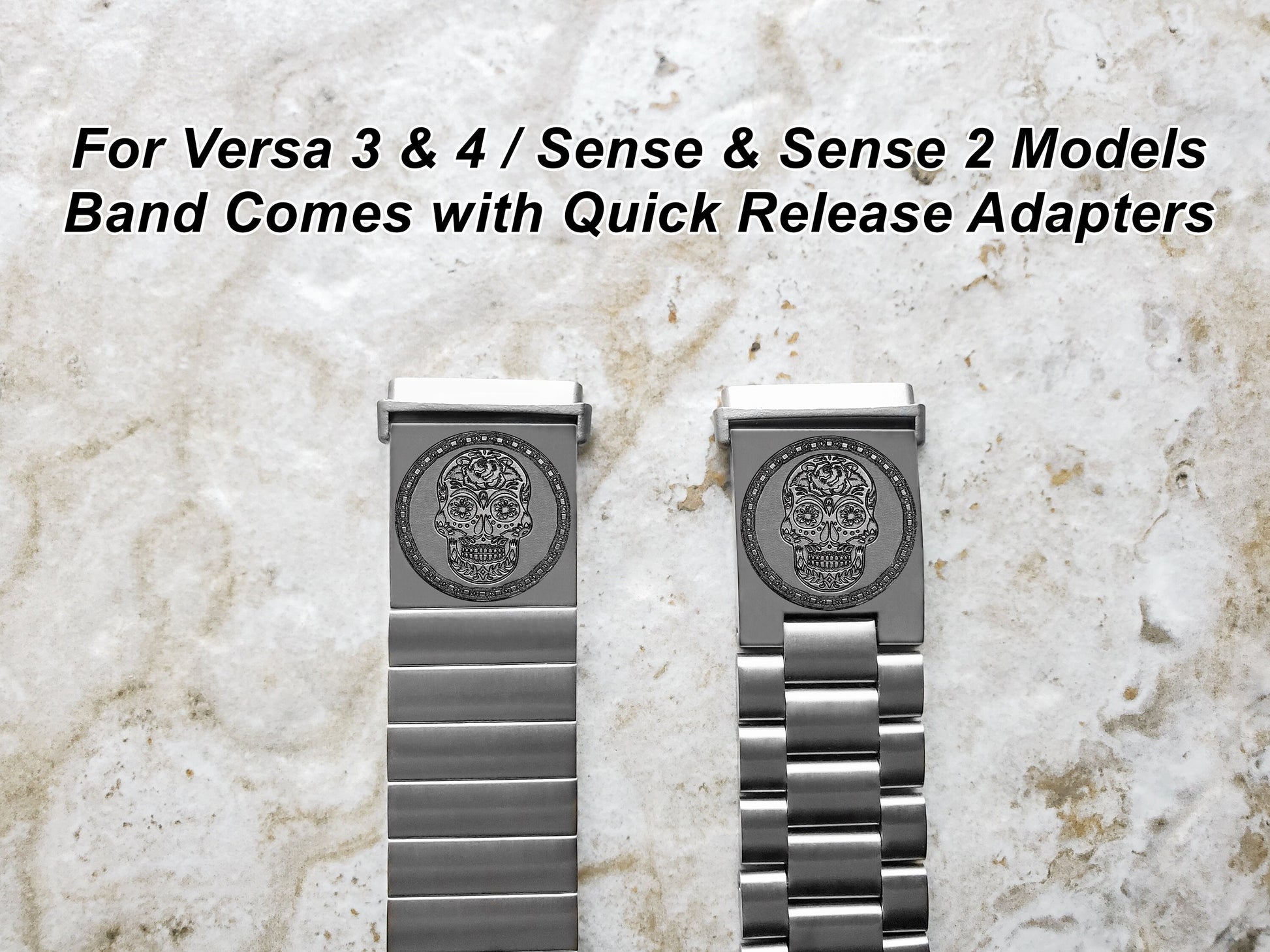 Engraved Watch Band Compatible with Fitbit Versa Lite 2 3 4 and Sense 2 Smartwatches Silver Color Stainless Steel Bracelet Strap SS2