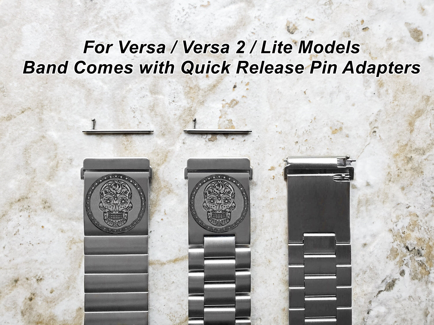 Engraved Watch Band Compatible with Fitbit Versa Lite 2 3 4 and Sense 2 Smartwatches Silver Color Stainless Steel Bracelet Strap SS2