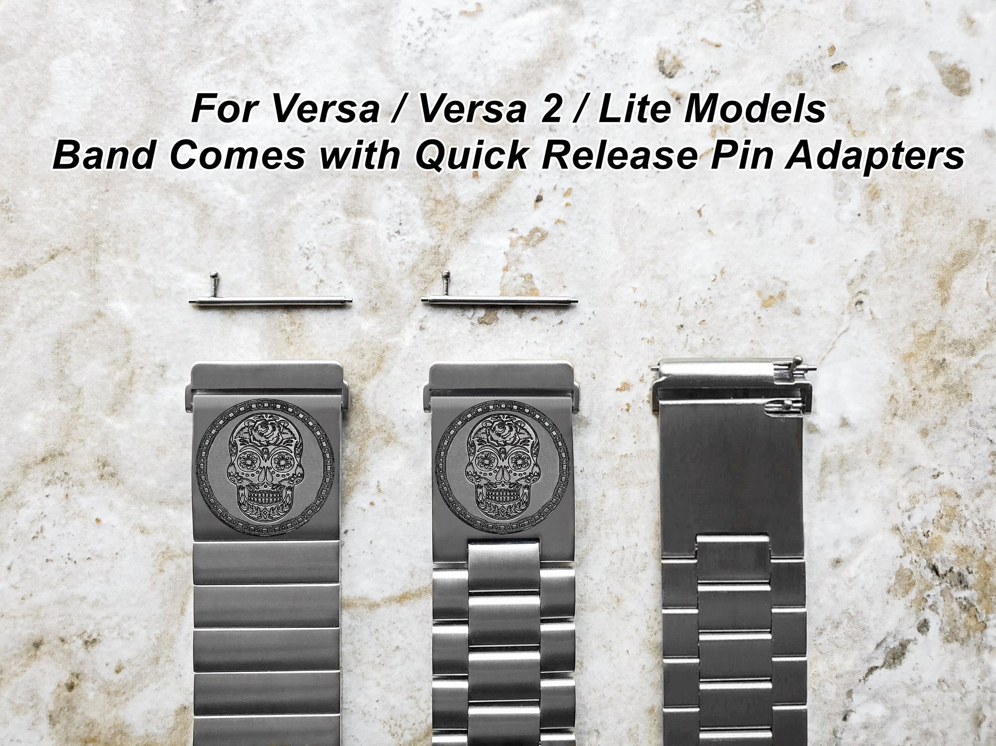 Engraved Watch Band Compatible with Fitbit Versa Lite 2 3 4 and Sense 2 Smartwatches Silver Color Stainless Steel Bracelet Strap SS2