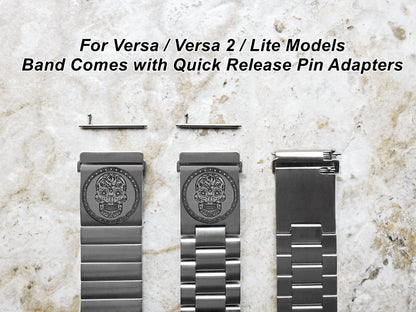 Engraved Watch Band Compatible with Fitbit Versa Lite 2 3 4 and Sense 2 Smartwatches Silver Color Stainless Steel Bracelet Strap SS2