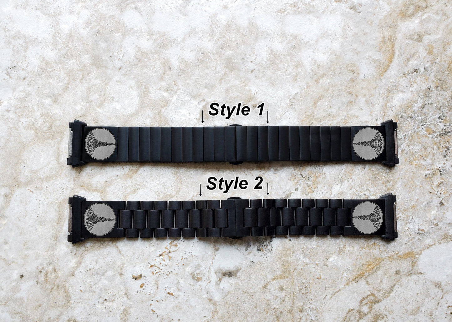 Engraved Watch Band Compatible with Fitbit Ionic Smartwatches Black Color Stainless Steel Strap Bracelet with Quick Release Adapters MS1