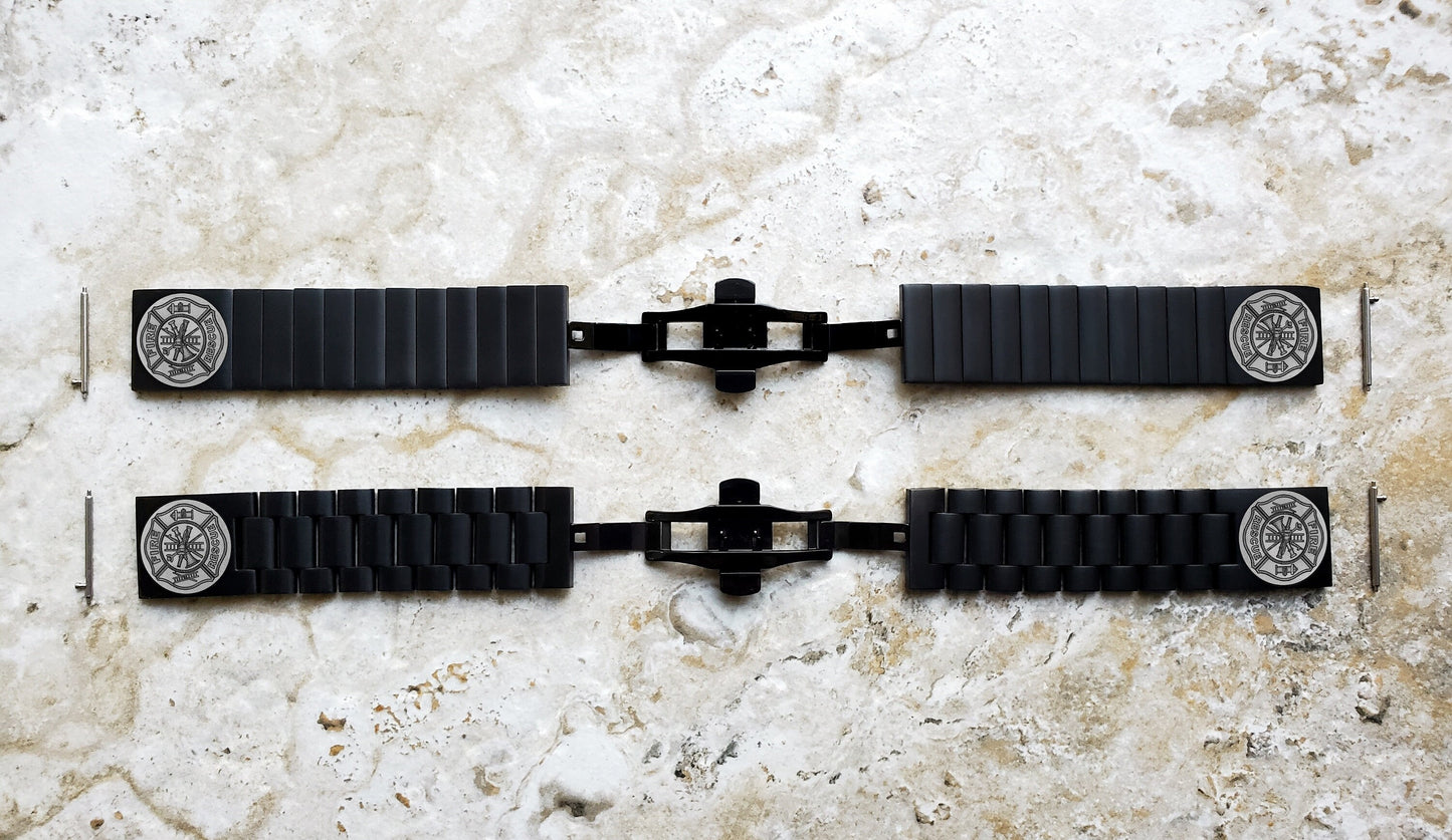 Firefighter Engraved Watch Band for 22mm Width Lugs Traditional Casual Luxury and Smartwatches Black Color Stainless Steel Strap Bracelet F1