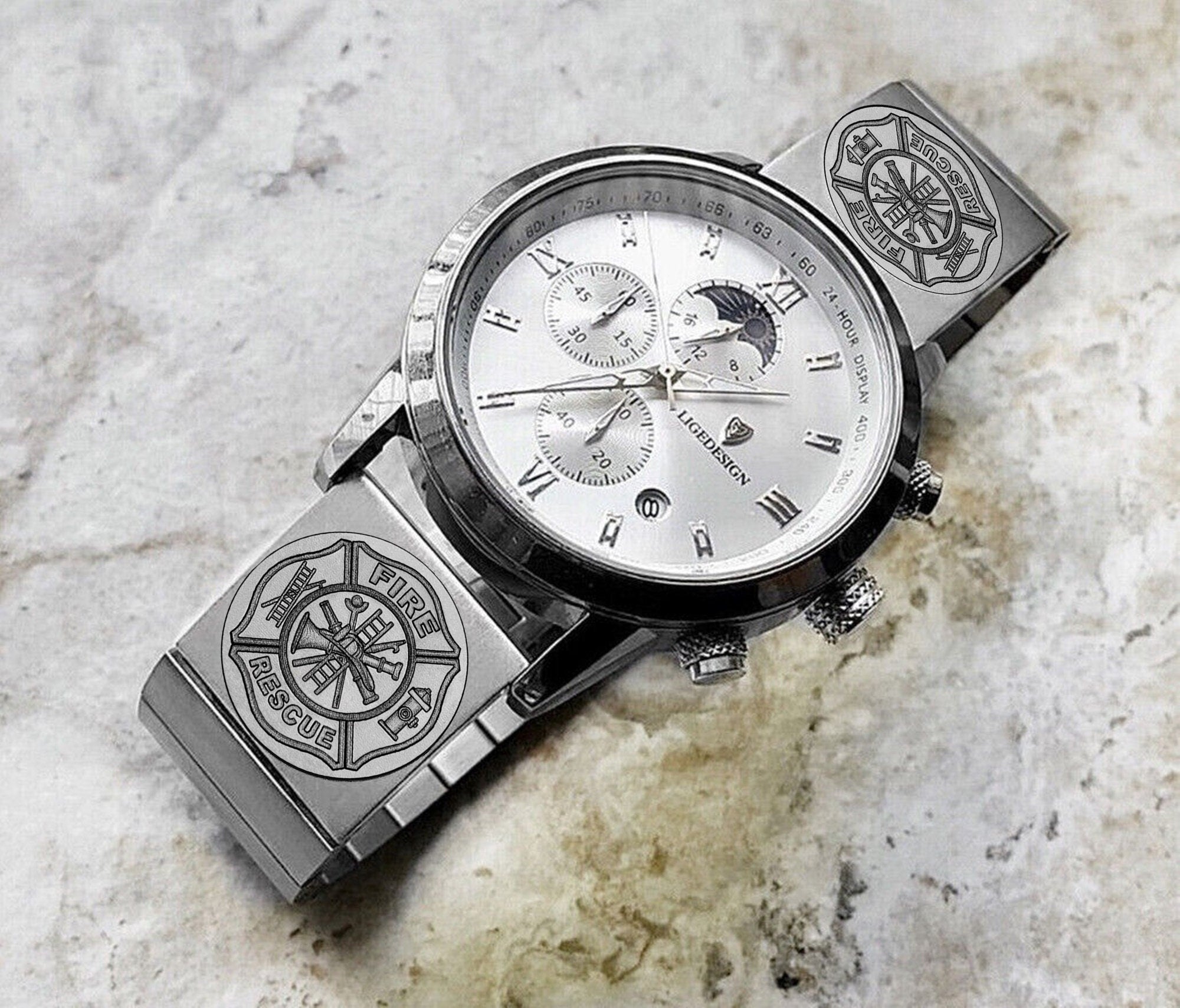 Engraved Watch Band for 22mm 24mm 25mm Lugs Traditional Casual Luxury and Smartwatches Silver Color Stainless Steel Bracelet Strap F1