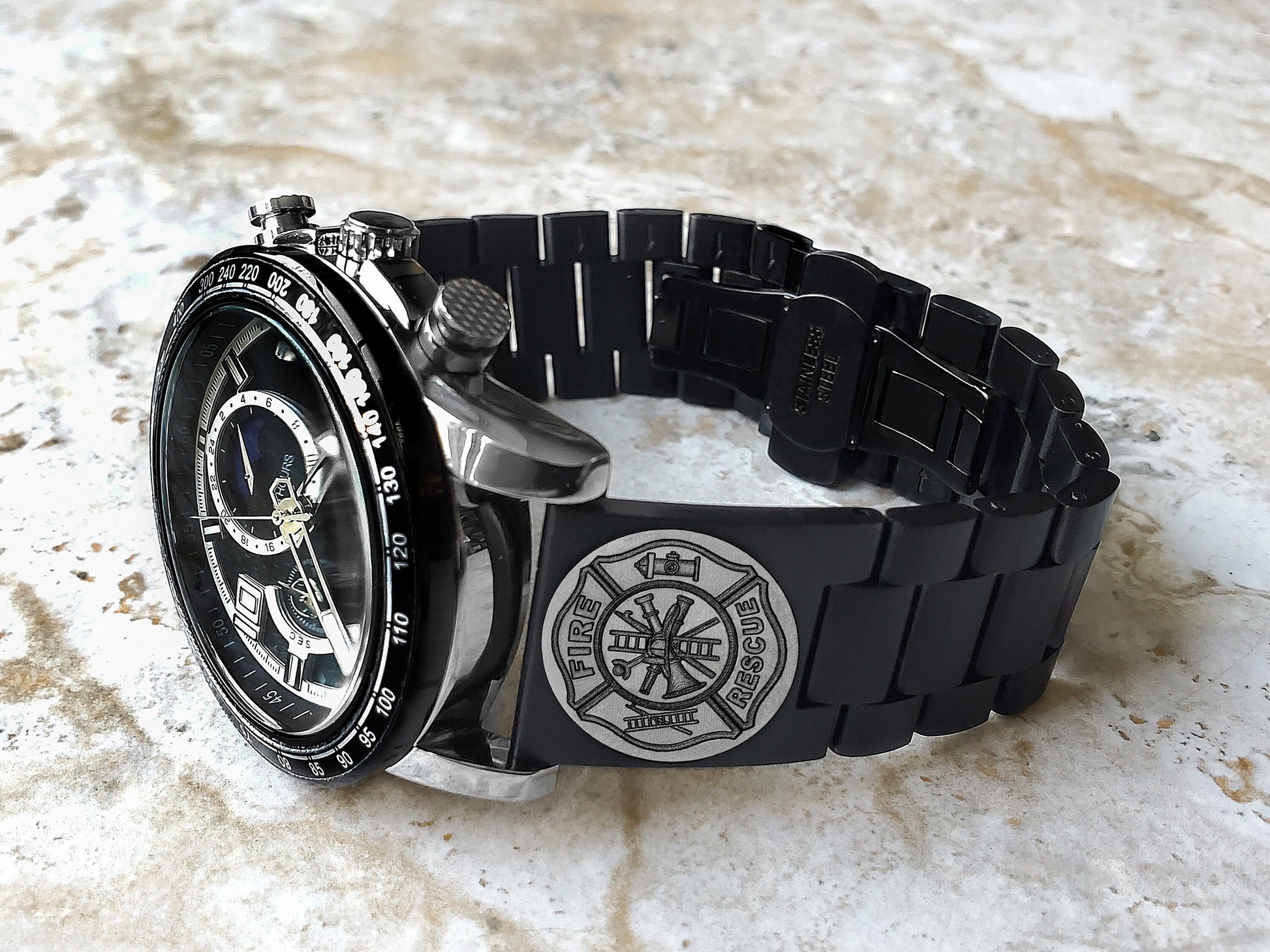 Firefighter Engraved Watch Band for 22mm Width Lugs Traditional Casual Luxury and Smartwatches Black Color Stainless Steel Strap Bracelet F1