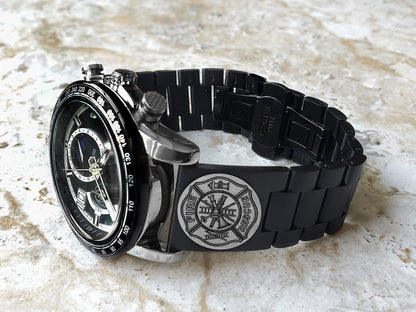 Firefighter Engraved Watch Band for 22mm Width Lugs Traditional Casual Luxury and Smartwatches Black Color Stainless Steel Strap Bracelet F1