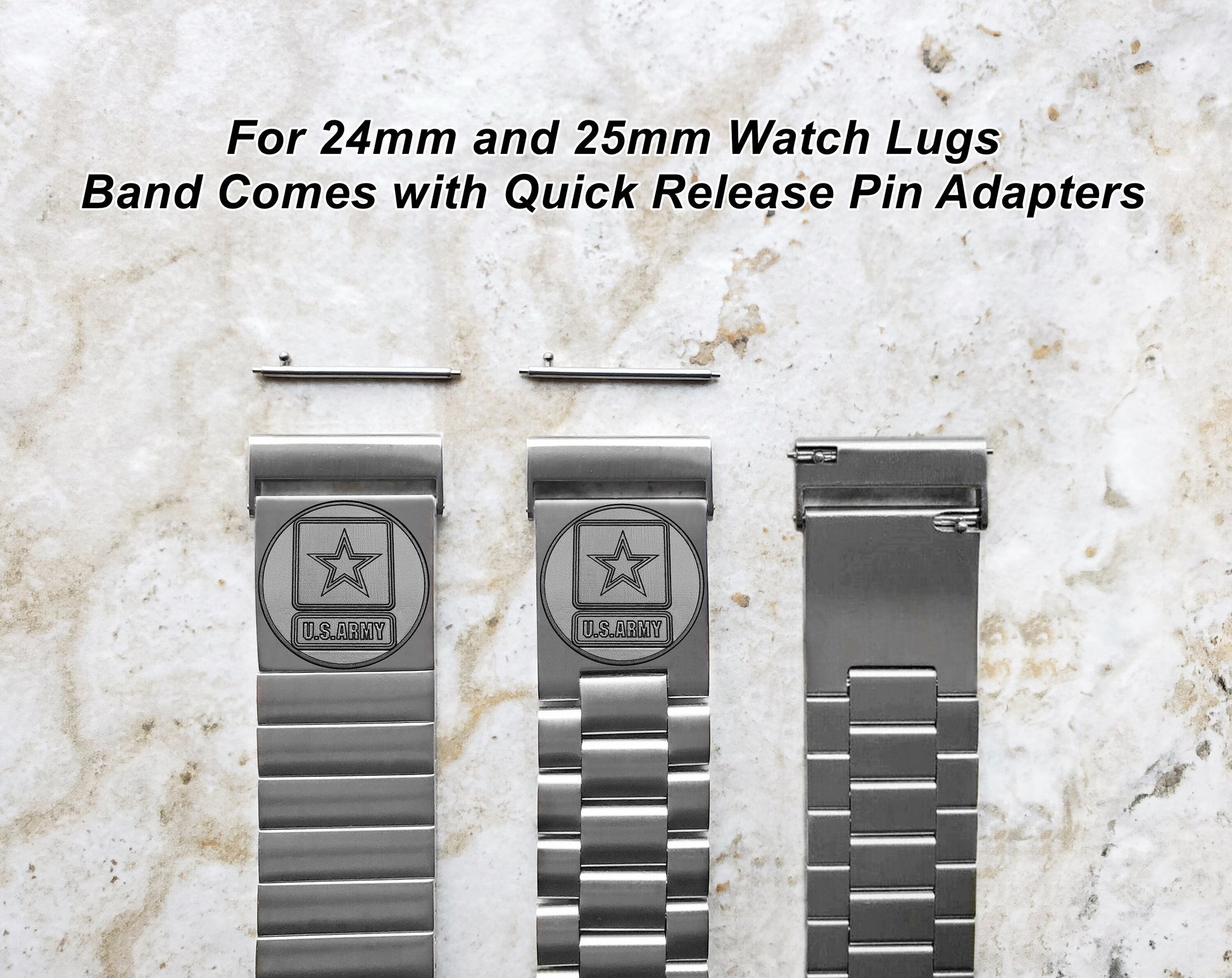 US Army Engraved Band for 22mm 24mm 25mm Lugs Traditional Casual Luxury and Smartwatches Silver Color Stainless Steel Bracelet Strap US1