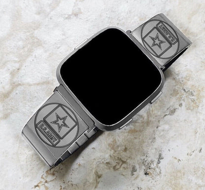 US Army Engraved Watch Band Compatible with Fitbit Versa Lite 2 3 4 and Sense 2 Smartwatches Silver Color Stainless Steel Bracelet Strap US1