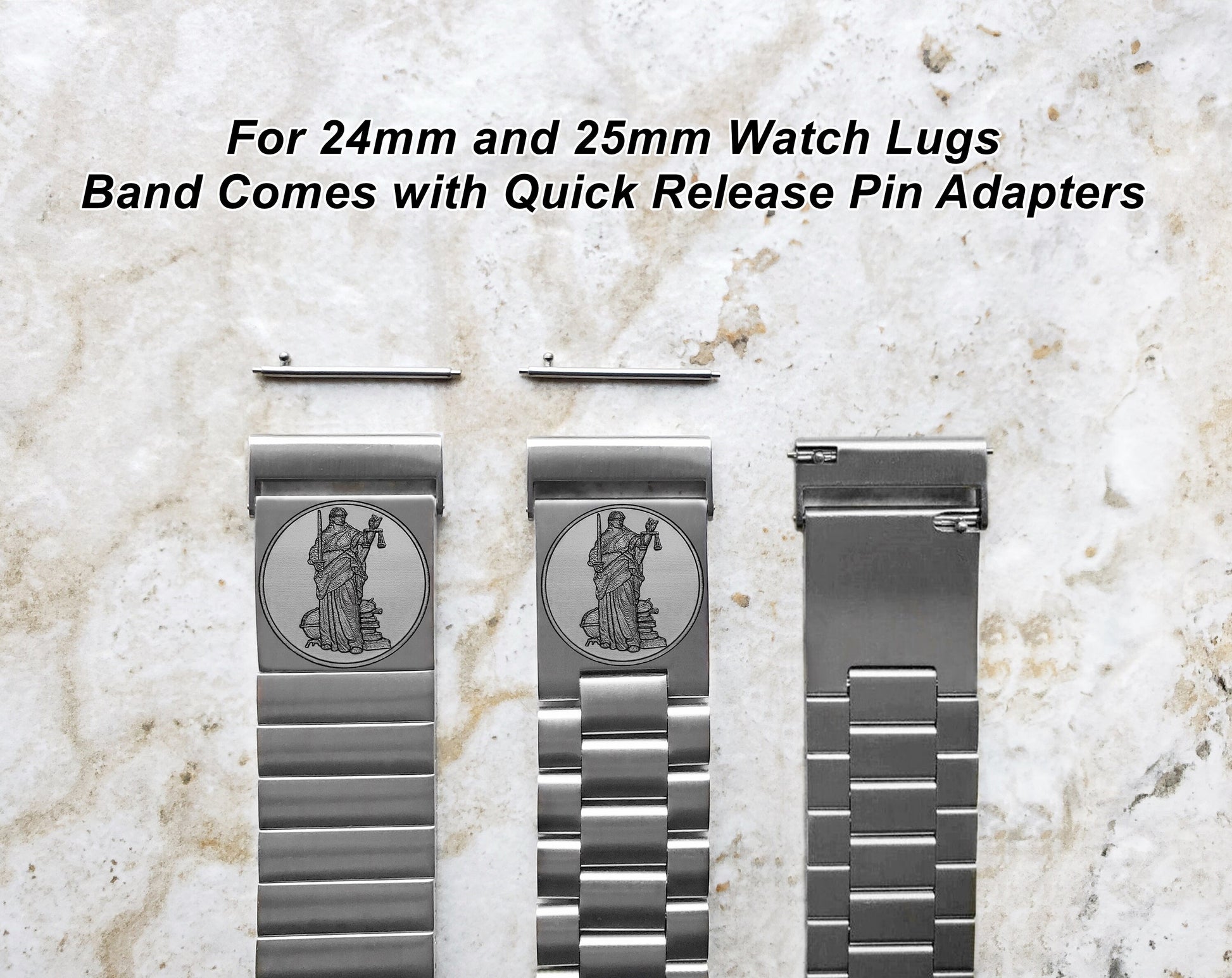 Lady Justice Engraved Band for 22mm 24mm 25mm Lugs Traditional Casual Luxury and Smartwatches Silver Stainless Steel Bracelet Strap BJ2