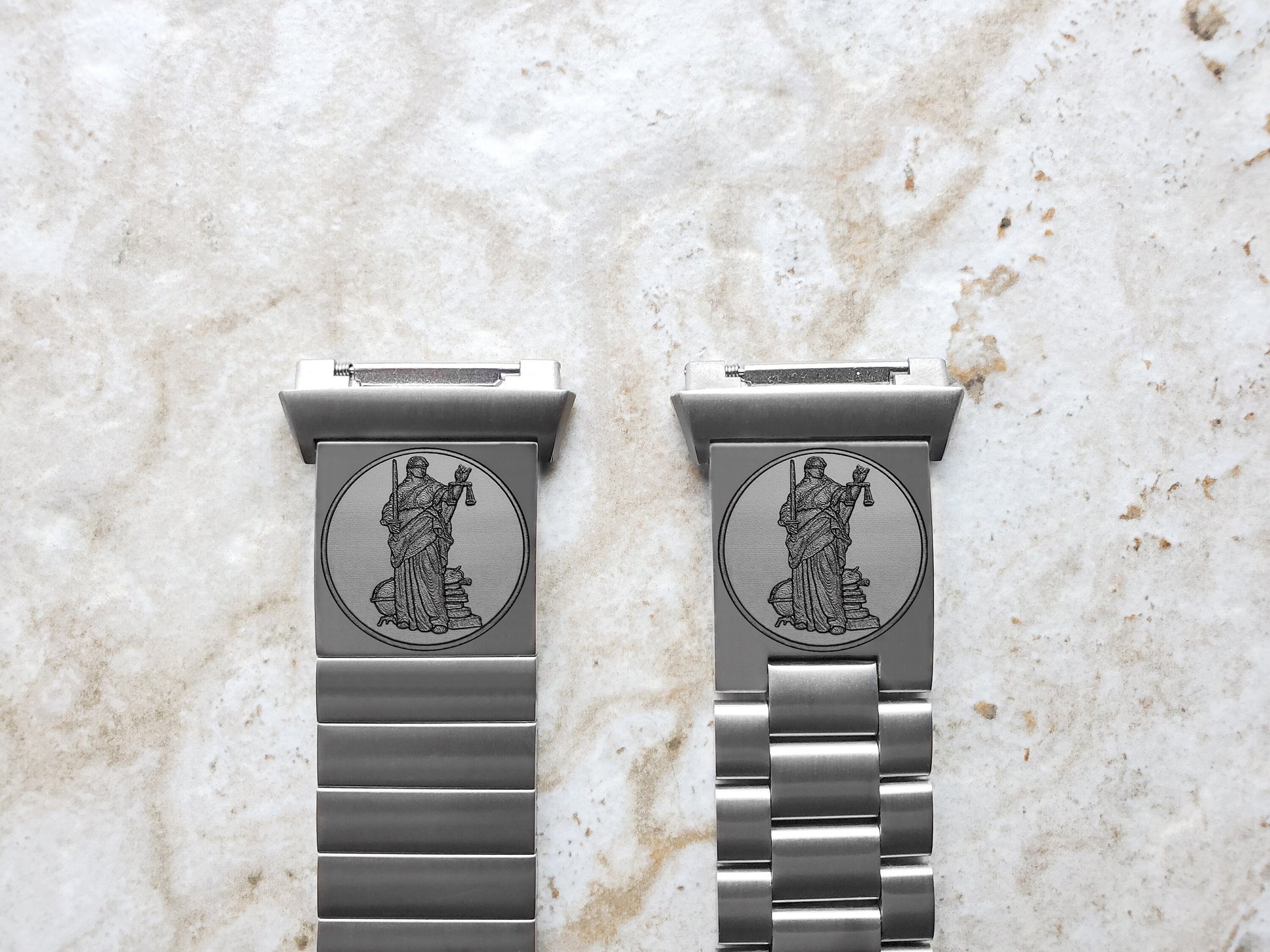 Lady Justice Engraved Watch Band Compatible with Fitbit Ionic Smartwatches Silver Stainless Steel Bracelet Strap Quick Release Adapters BJ2
