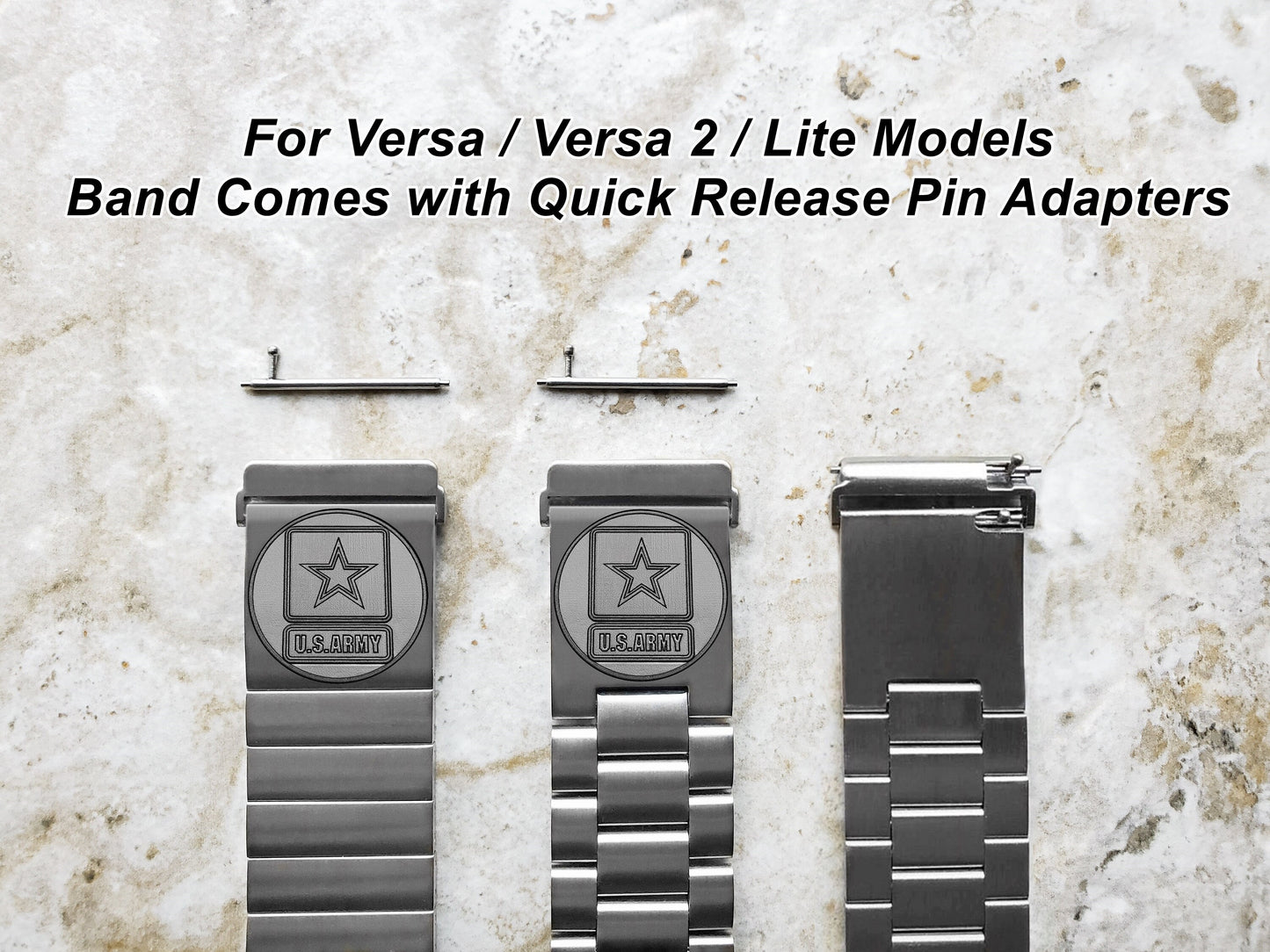 US Army Engraved Watch Band Compatible with Fitbit Versa Lite 2 3 4 and Sense 2 Smartwatches Silver Color Stainless Steel Bracelet Strap US1