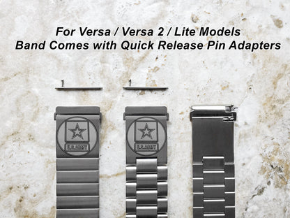 US Army Engraved Watch Band Compatible with Fitbit Versa Lite 2 3 4 and Sense 2 Smartwatches Silver Color Stainless Steel Bracelet Strap US1