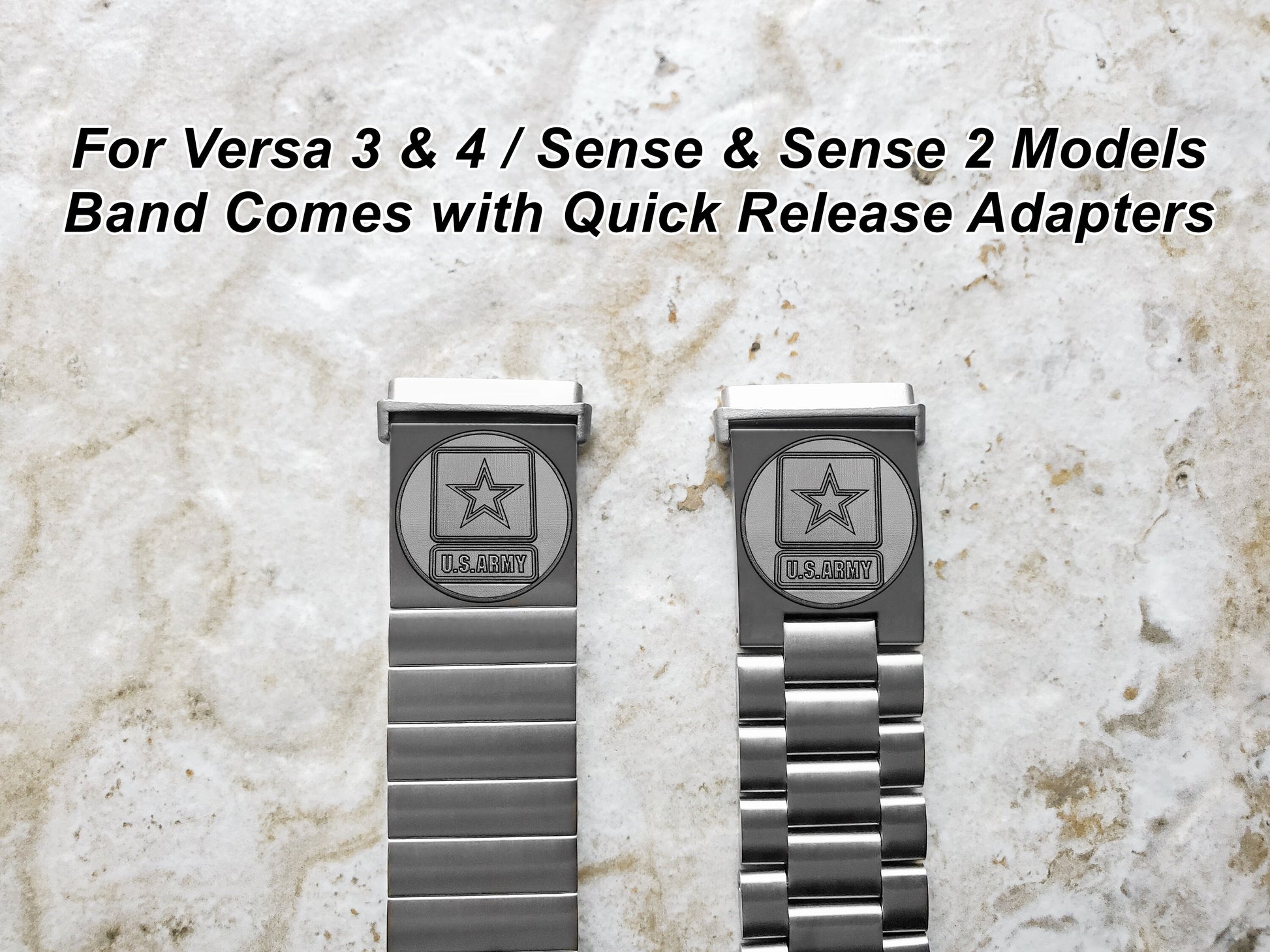 US Army Engraved Watch Band Compatible with Fitbit Versa Lite 2 3 4 and Sense 2 Smartwatches Silver Color Stainless Steel Bracelet Strap US1