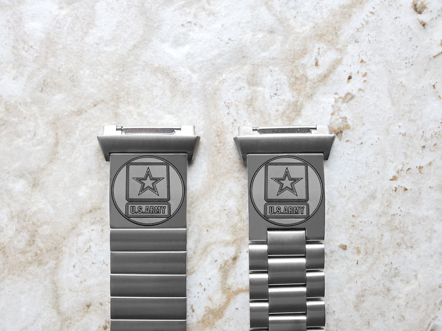 US Army Engraved Watch Band Compatible with Fitbit Ionic Smartwatches Silver Color Stainless Steel Bracelet Strap Quick Release Adapters US1