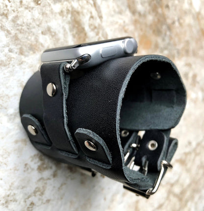 Apple Watch Band Cuff Bund Steampunk Wide Strap Leather Bracelet for iWatch Ultra 2 9 8 7 SE 6 5 4 3 2 1 49mm 45mm 44mm 42mm 41mm 40 38mm BL