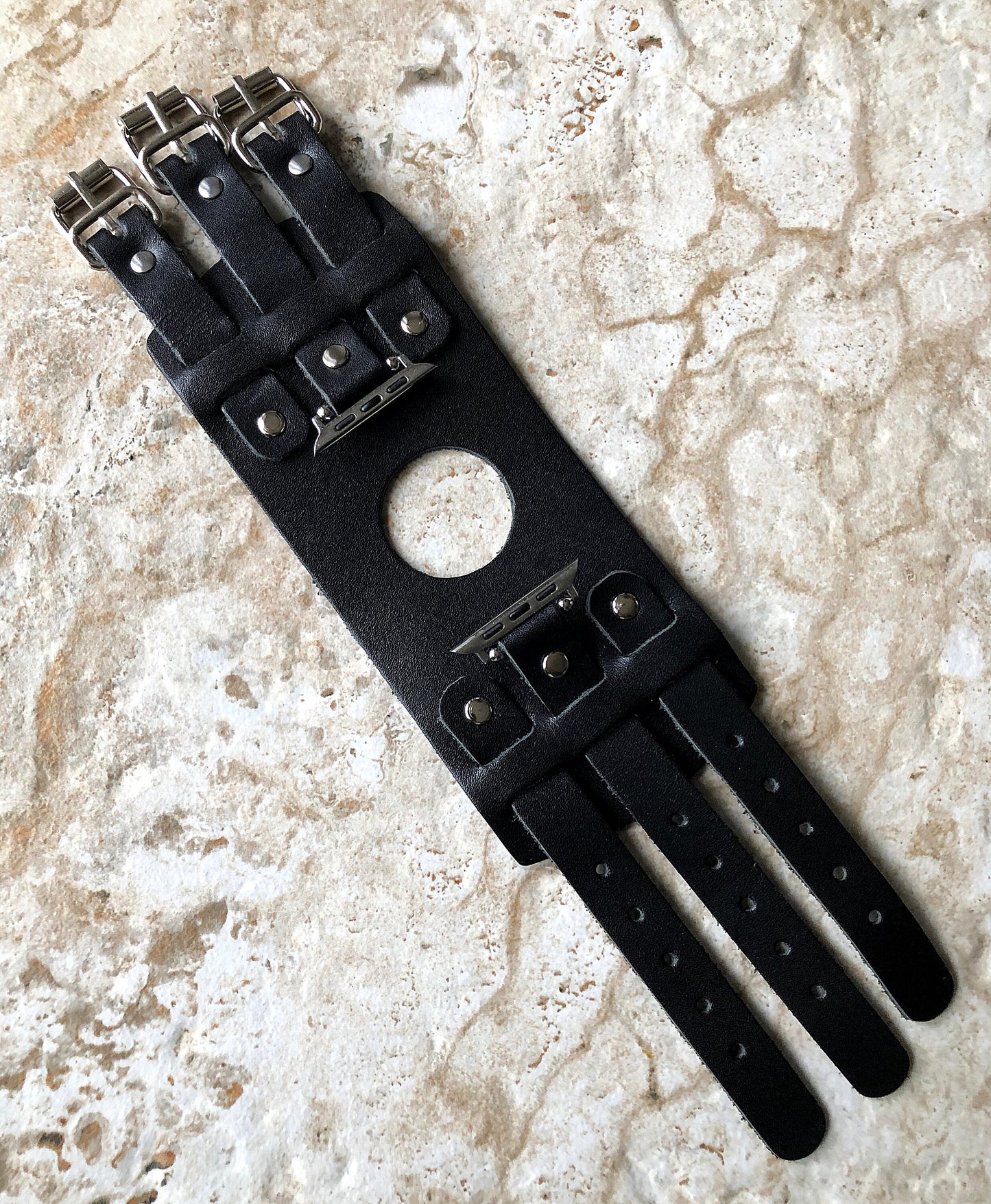 Apple Watch Band Cuff Bund Steampunk Wide Strap Leather Bracelet for iWatch Ultra 2 9 8 7 SE 6 5 4 3 2 1 49mm 45mm 44mm 42mm 41mm 40 38mm BL