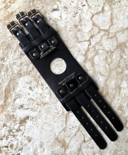 Apple Watch Band Cuff Bund Steampunk Wide Strap Leather Bracelet for iWatch Ultra 2 9 8 7 SE 6 5 4 3 2 1 49mm 45mm 44mm 42mm 41mm 40 38mm BL