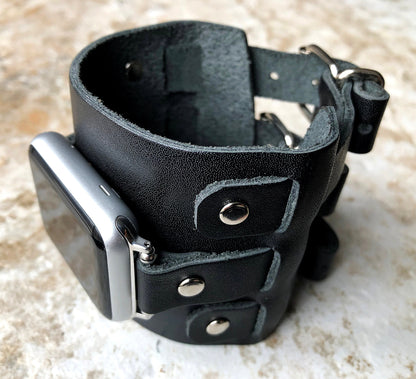 Apple Watch Band Cuff Bund Steampunk Wide Strap Leather Bracelet for iWatch Ultra 2 9 8 7 SE 6 5 4 3 2 1 49mm 45mm 44mm 42mm 41mm 40 38mm BL