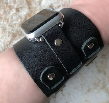 Apple Watch Band Cuff Bund Steampunk Wide Strap Leather Bracelet for iWatch Ultra 2 9 8 7 SE 6 5 4 3 2 1 49mm 45mm 44mm 42mm 41mm 40 38mm BL