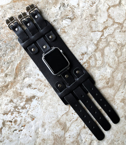 Apple Watch Band Cuff Bund Steampunk Wide Strap Leather Bracelet for iWatch Ultra 2 9 8 7 SE 6 5 4 3 2 1 49mm 45mm 44mm 42mm 41mm 40 38mm BL