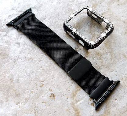 Apple Watch Black Band Set Crystal Bezel Bling Case Cover for Ultra 2 9 8 7 SE 6 5 4 3 2 1 49mm 45mm 44mm 42mm 41mm 40mm 38mm Milanese Strap