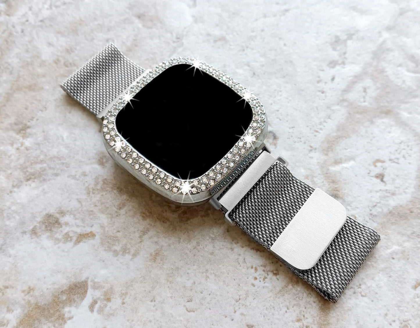 Fitbit Watch Silver Color Band Set Crystal Bezel Bling Case Cover for Versa 2 3 4 and Sense 1 2 Smartwatches Milanese Strap Protective Frame