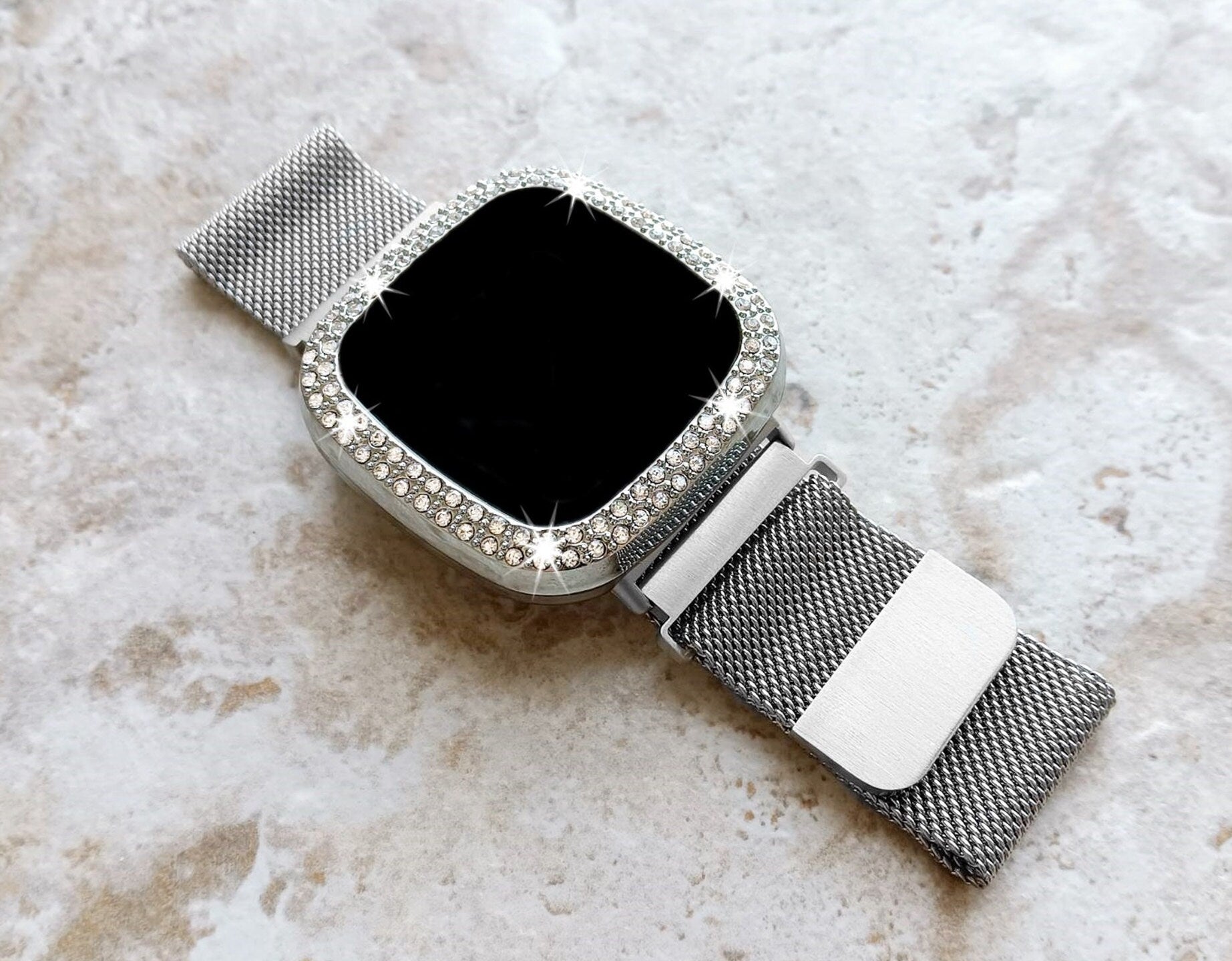 Fitbit Watch Silver Color Band Set Crystal Bezel Bling Case Cover for Versa 2 3 4 and Sense 1 2 Smartwatches Milanese Strap Protective Frame