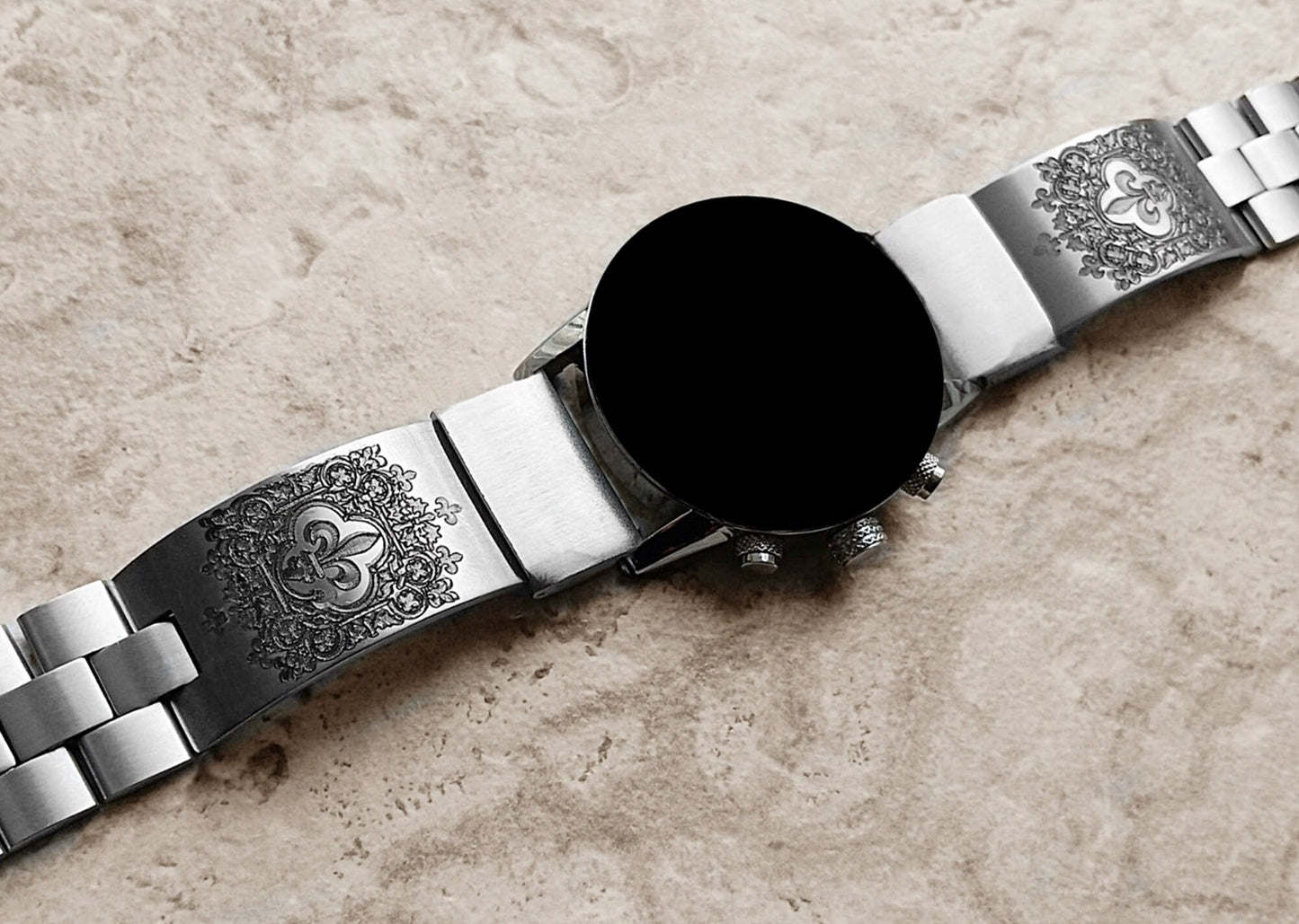 Garmin Watch Band Fleur De Lis for Fenix 7X Pro 6X Pro 5X Descent Mk3i 51mm Mk2i Mk2 Enduro 2 Engraved St Steel Adjustable Cuff Strap A26
