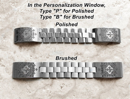 Garmin Watch Band Fleur De Lis for Fenix 7X Pro 6X Pro 5X Descent Mk3i 51mm Mk2i Mk2 Enduro 2 Engraved St Steel Adjustable Cuff Strap A26