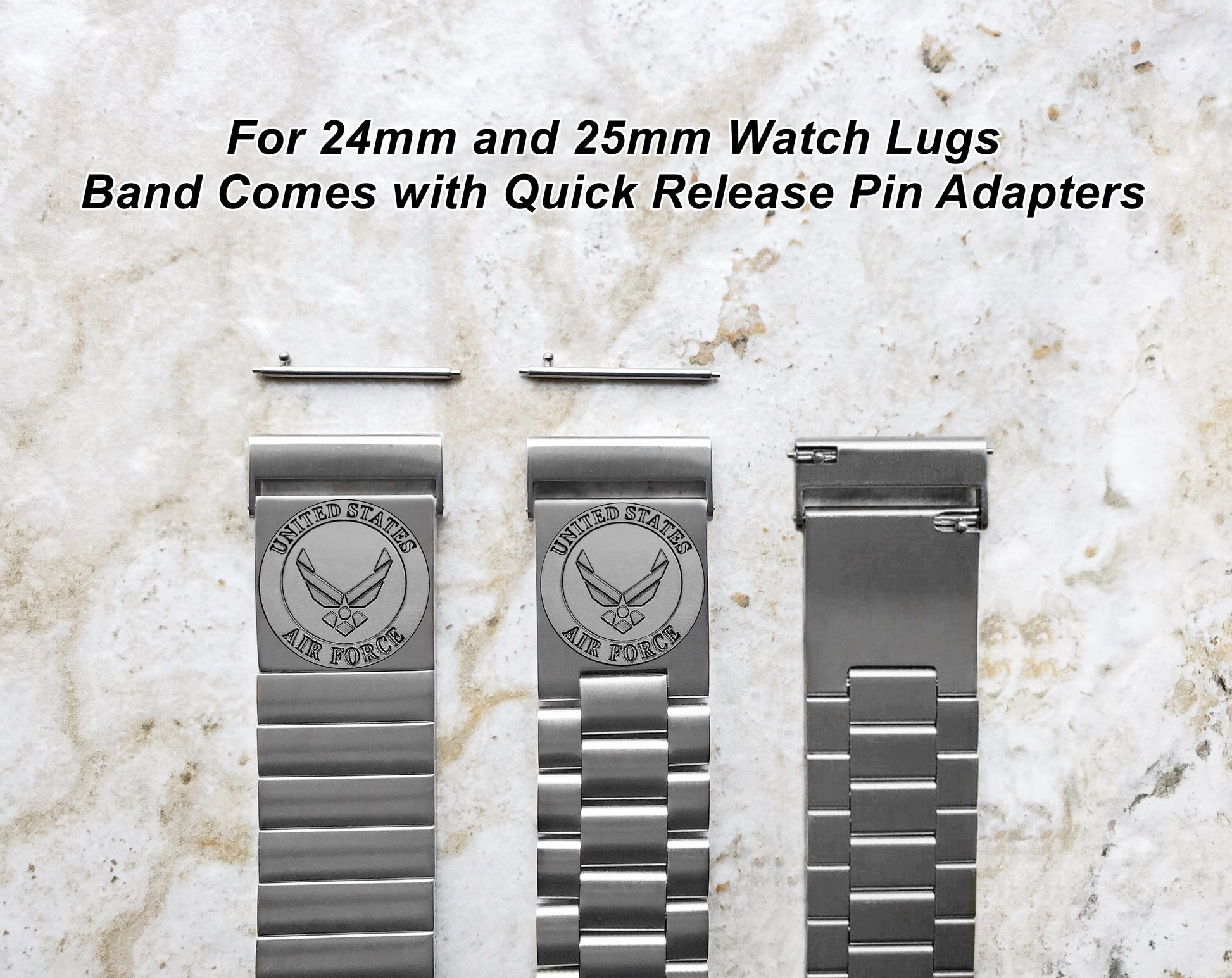 US Air Force Engraved Band for 22mm 24mm 25mm Lugs Traditional Casual Luxury and Smartwatches Silver Stainless Steel Bracelet Strap AF3