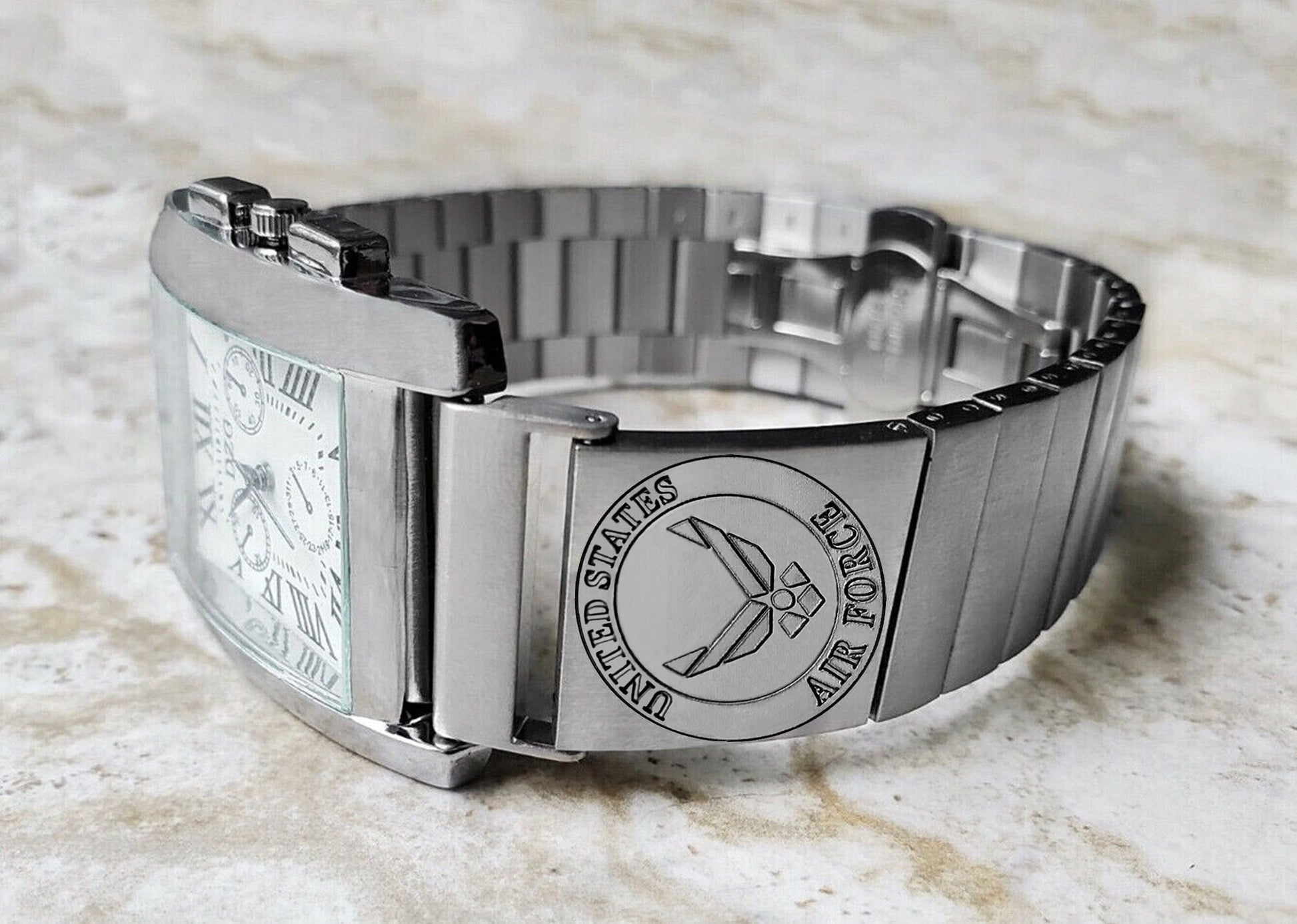 US Air Force Engraved Band for 22mm 24mm 25mm Lugs Traditional Casual Luxury and Smartwatches Silver Stainless Steel Bracelet Strap AF3