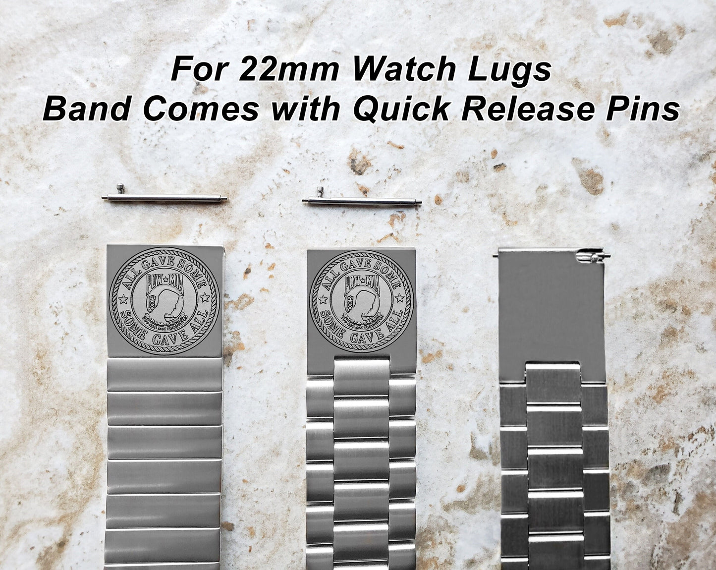 POW MIA Engraved Band for 22mm 24mm 25mm Lugs Traditional Casual Luxury and Smartwatches Silver Color Stainless Steel Bracelet Strap PM1