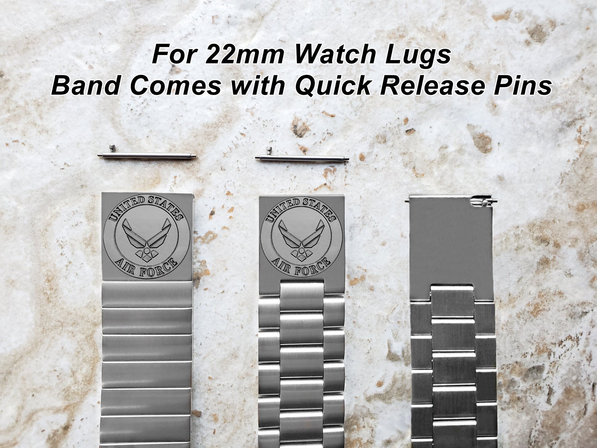 US Air Force Engraved Band for 22mm 24mm 25mm Lugs Traditional Casual Luxury and Smartwatches Silver Stainless Steel Bracelet Strap AF3