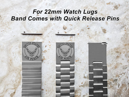 US Air Force Engraved Band for 22mm 24mm 25mm Lugs Traditional Casual Luxury and Smartwatches Silver Stainless Steel Bracelet Strap AF3