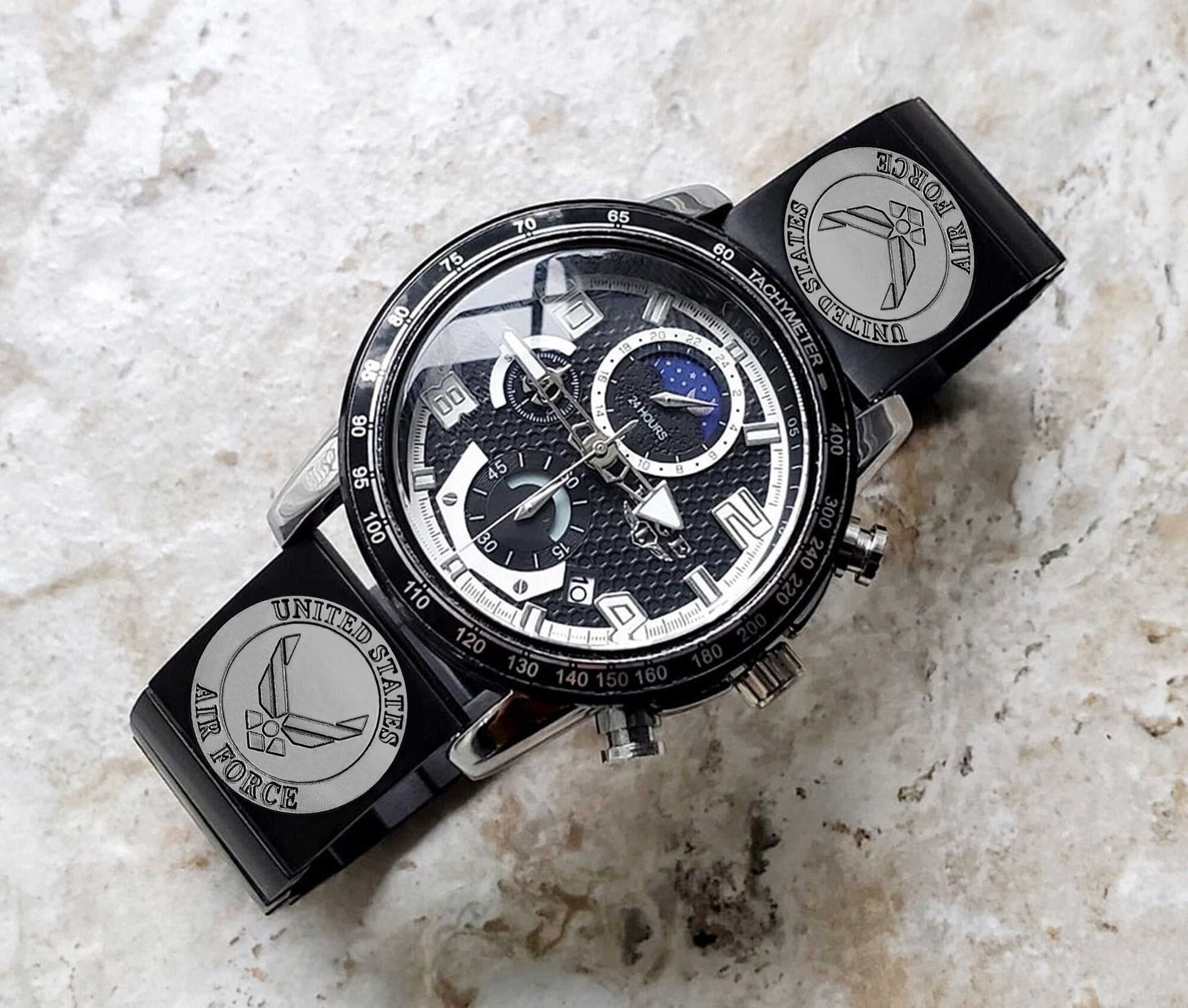 US Air Force Engraved Watch Band for 22mm Width Lugs Traditional Casual Luxury and Smartwatches Black Stainless Steel Strap Bracelet AF3