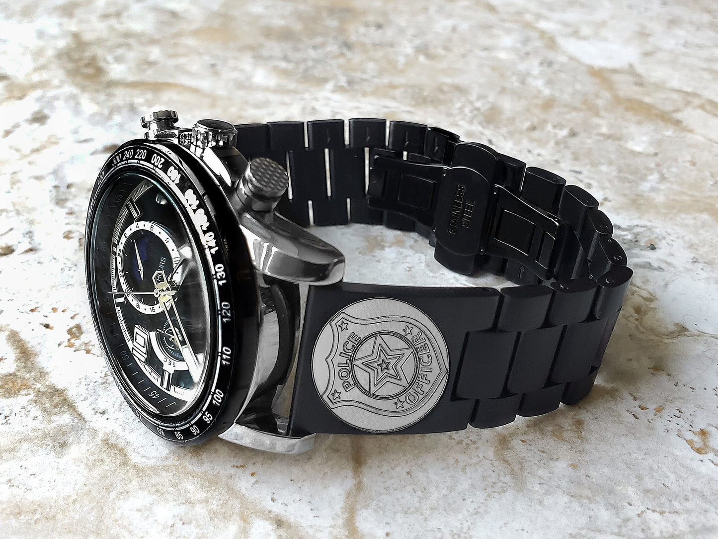 Police Badge Engraved Watch Band for 22mm Width Lugs Traditional Casual Luxury and Smartwatches Black Stainless Steel Strap Bracelet PB4